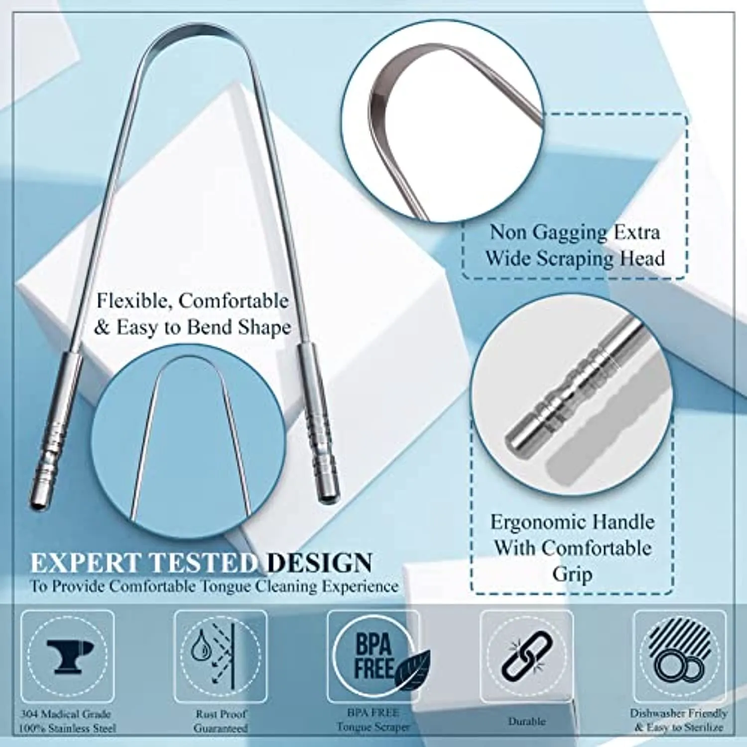 2 Pack Tongue Scraper with Travel Case, Bad Breath Treatment for Adults & Kids, Medical Grade 100% Stainless Steel Tongue Cleaner for Oral Care, Easy to Use Tongue Brush Alternative for Hygiene