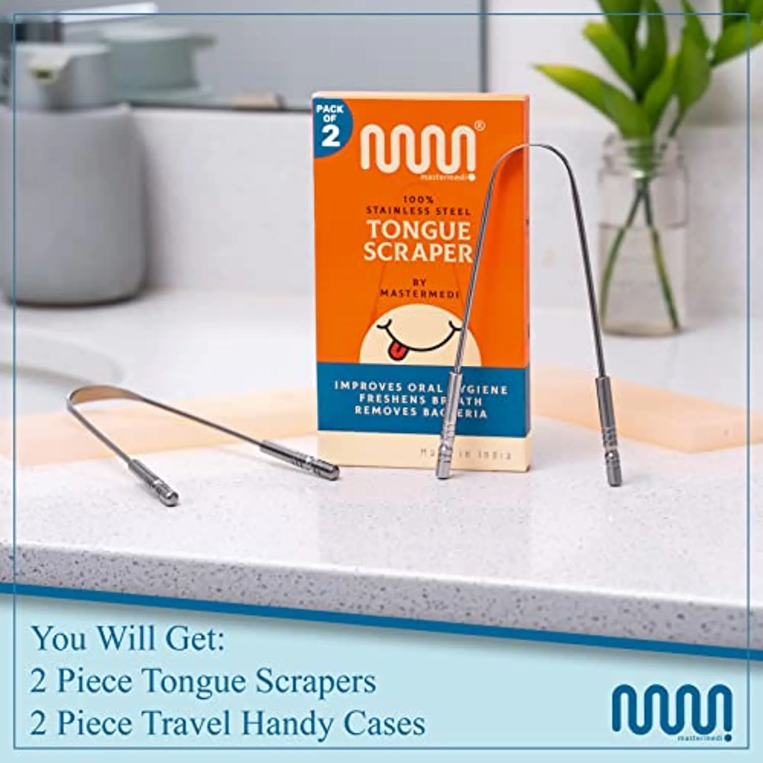 2 Pack Tongue Scraper with Travel Case, Bad Breath Treatment for Adults & Kids, Medical Grade 100% Stainless Steel Tongue Cleaner for Oral Care, Easy to Use Tongue Brush Alternative for Hygiene