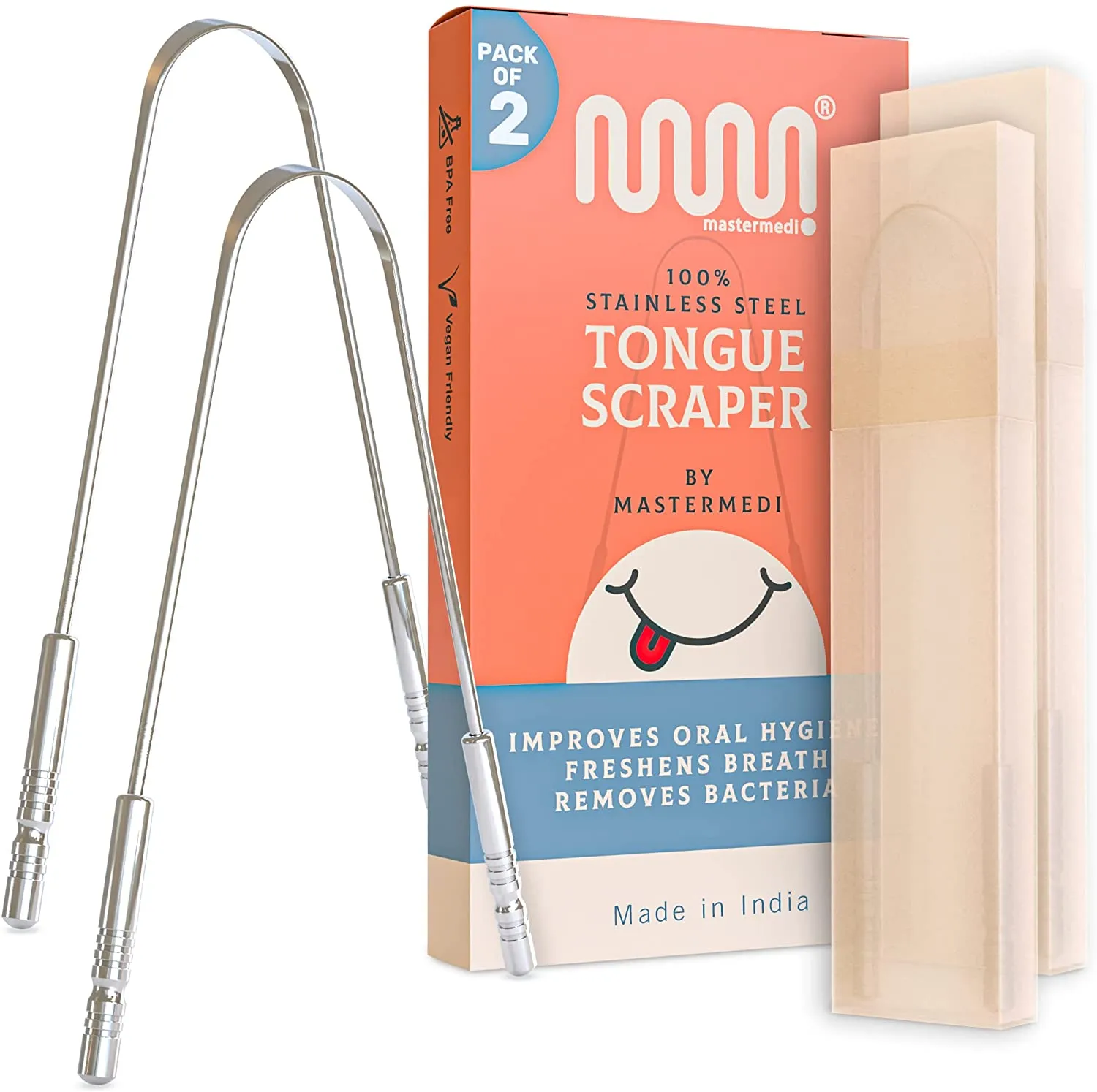 2 Pack Tongue Scraper with Travel Case, Bad Breath Treatment for Adults & Kids, Medical Grade 100% Stainless Steel Tongue Cleaner for Oral Care, Easy to Use Tongue Brush Alternative for Hygiene