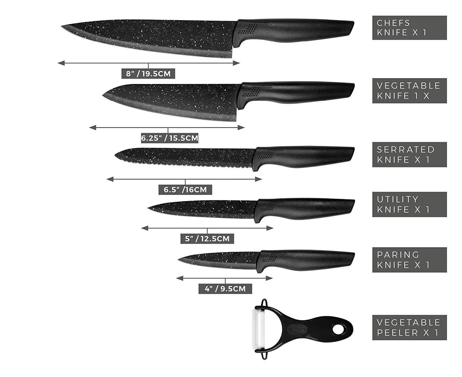 6 Piece Black Knife Set with peeler
