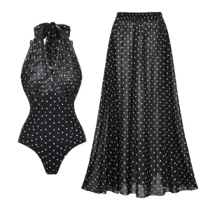 84Volt  Polka dot mesh breathable halter neck Print One Piece Swimsuit Set - As shown / S