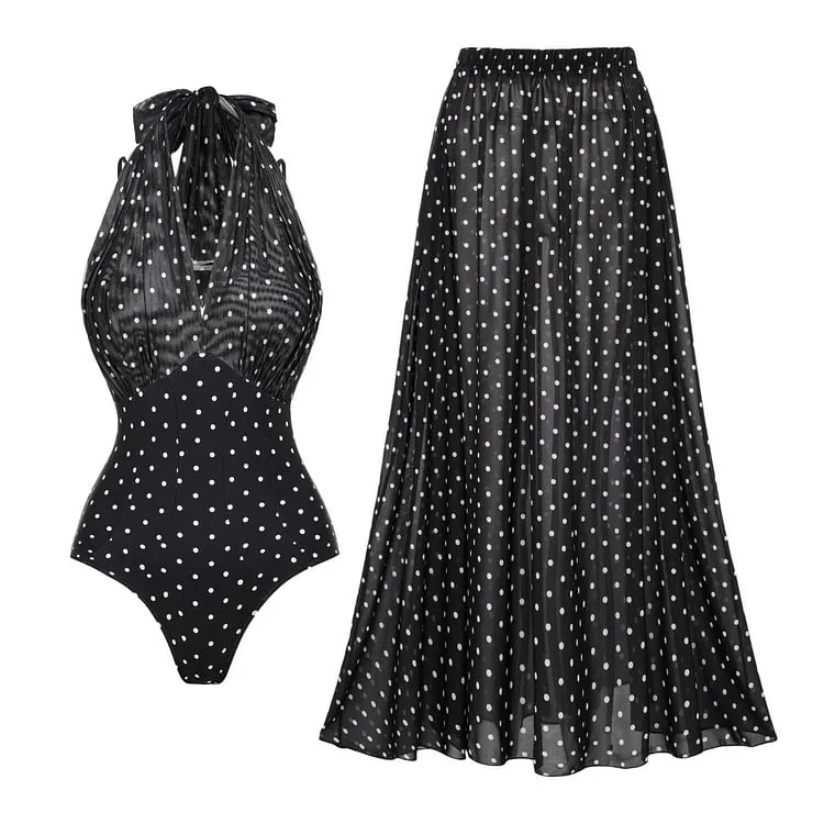 84Volt  Polka dot mesh breathable halter neck Print One Piece Swimsuit Set - As shown / S