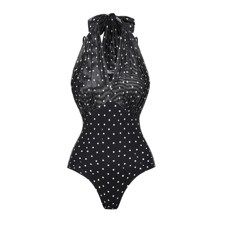 84Volt  Polka dot mesh breathable halter neck Print One Piece Swimsuit Set - As shown / S