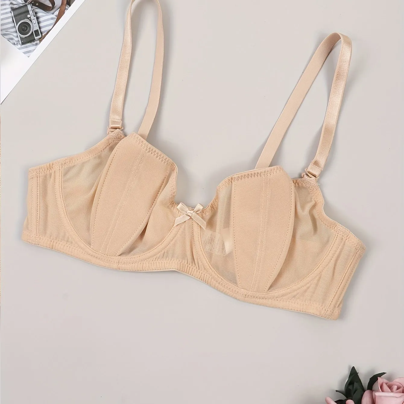 Contrast Mesh Unlined Push Up Bra - Comfy & Breathable Women's Lingerie