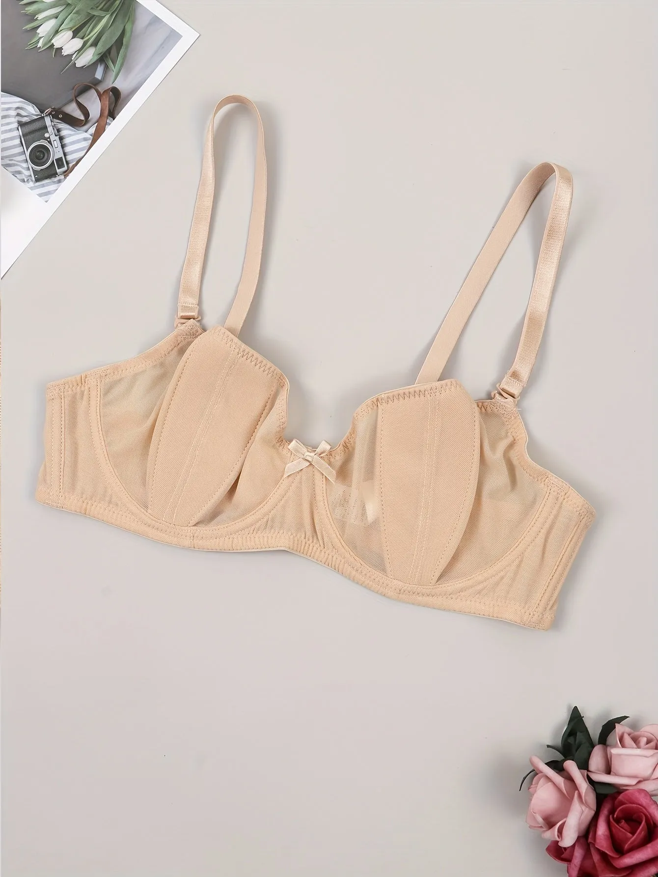 Contrast Mesh Unlined Push Up Bra - Comfy & Breathable Women's Lingerie