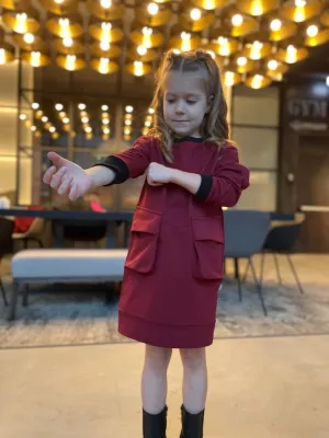 Dress EMA Bordo    / T1d Girls Long Sleeve Dress / Casual / Cotton dress with pockets / Size 5-12 Years