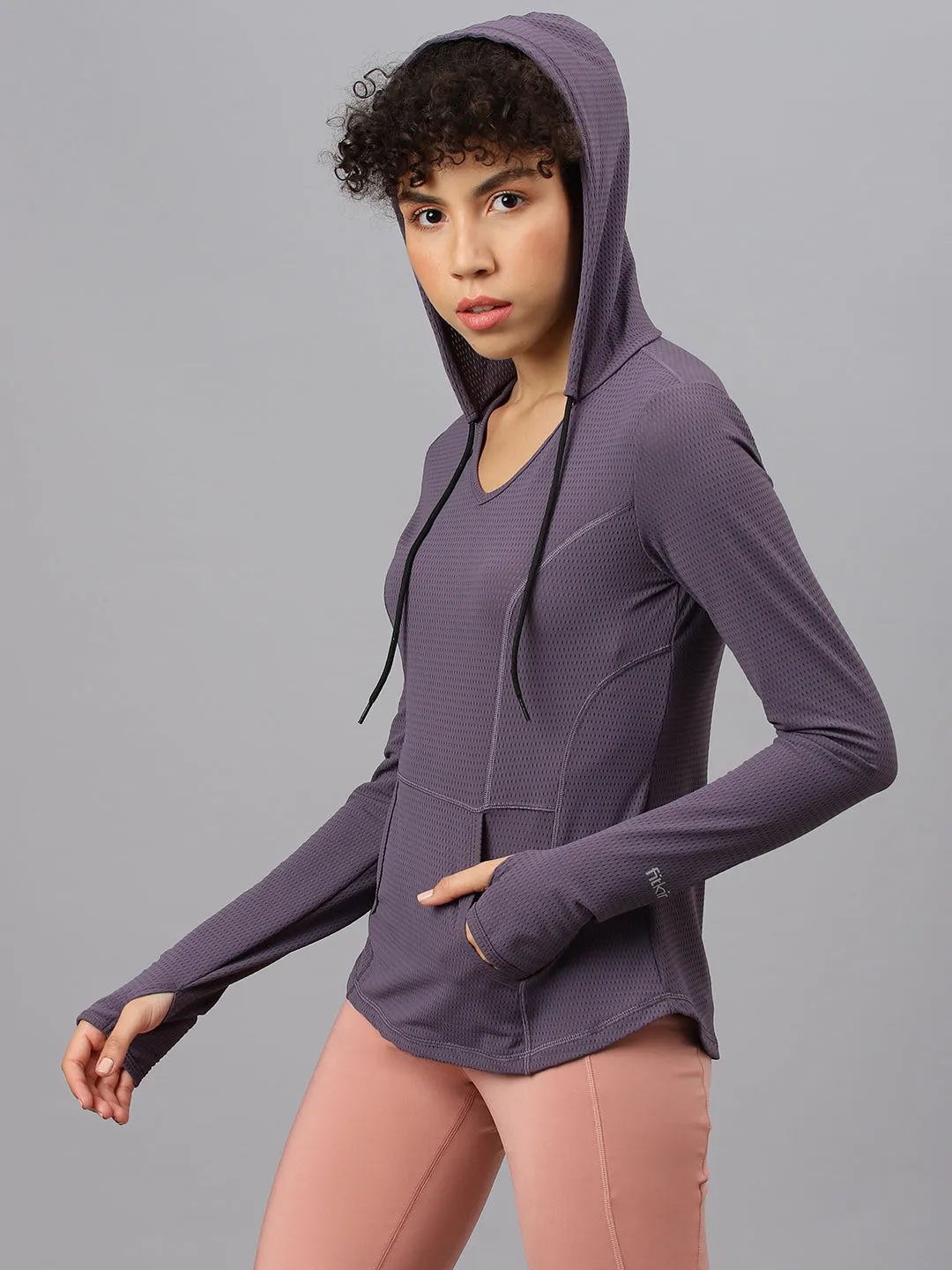 Fitkin women's purple self design long sleeves hooded t-shirt