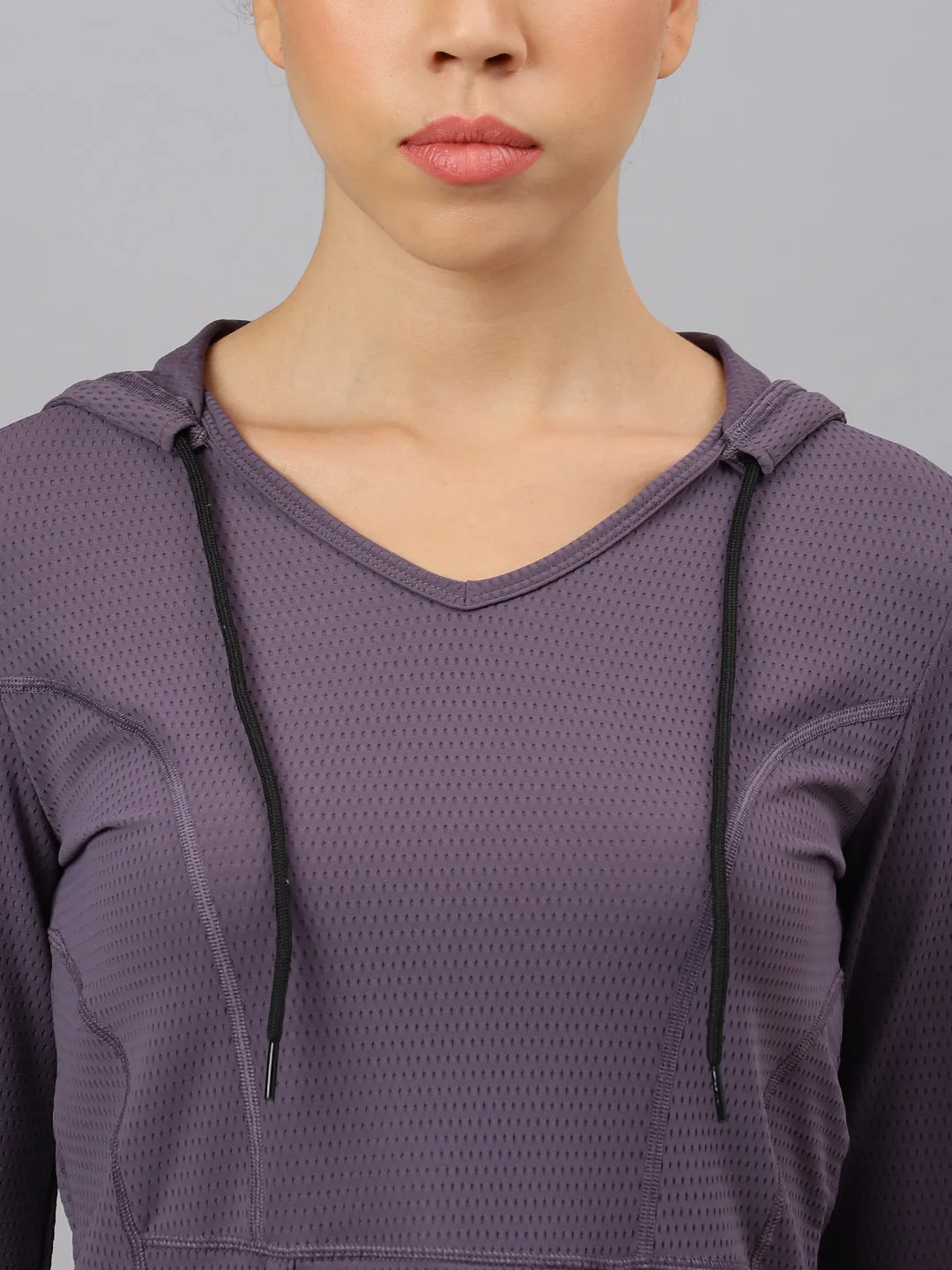 Fitkin women's purple self design long sleeves hooded t-shirt