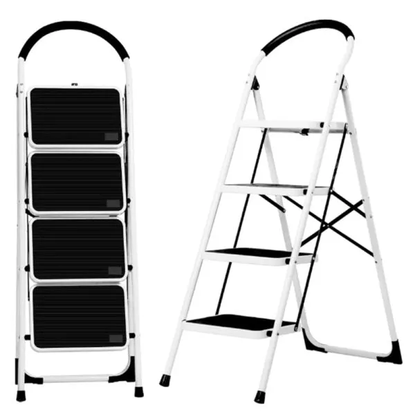 Folding Ladder Handgrip Anti-Slip and Wide Pedal-White
