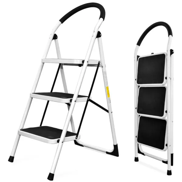 Folding Ladder Handgrip Anti-Slip and Wide Pedal-White