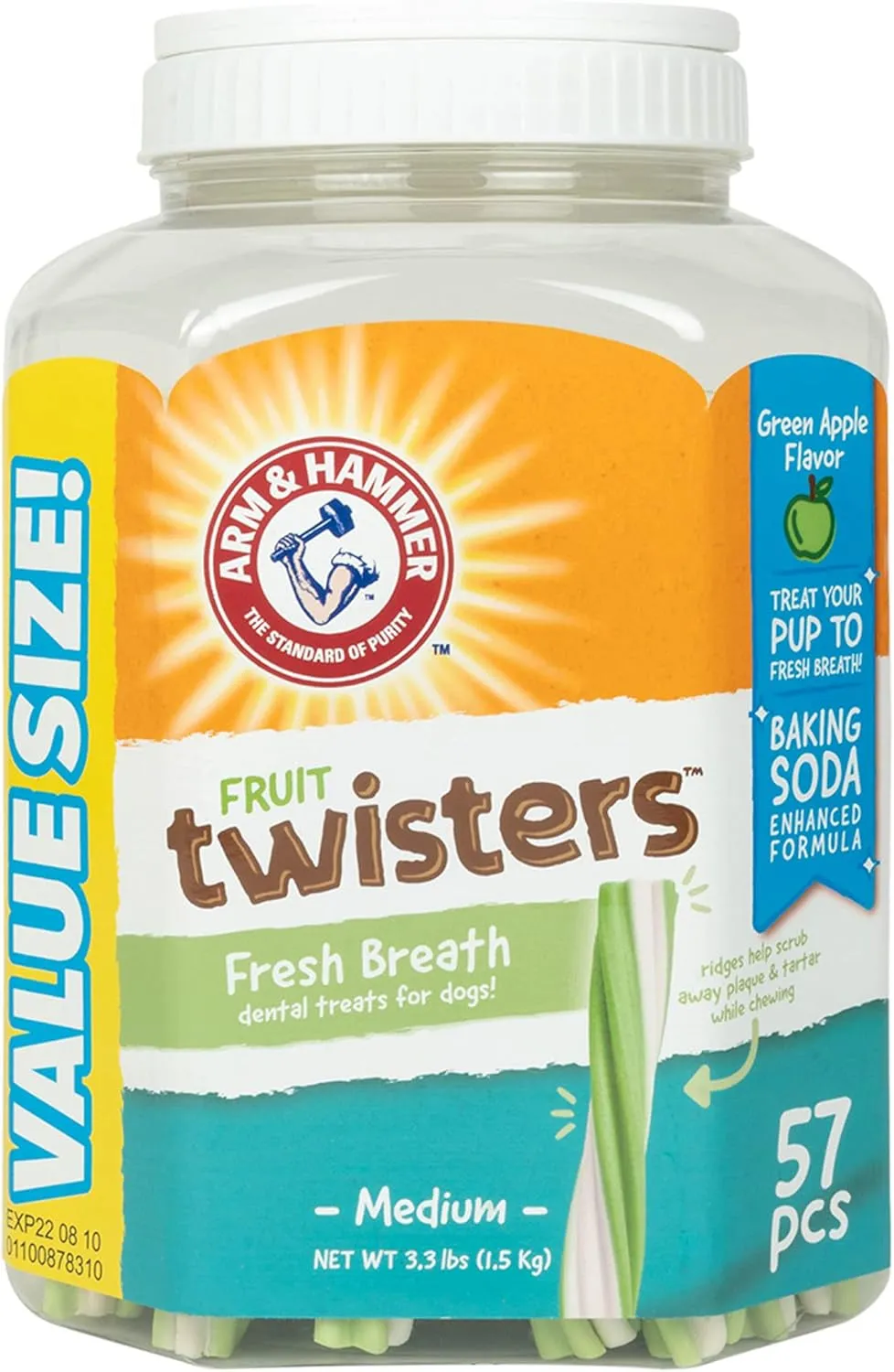 Fruit Twisters Dental Treats for Dogs, Value Pack Bucket Green Apple Flavored Dog Dental Chews Fight Bad Breath, Plaque & Tartar without Brushing for Dog (Pack of 1,57 Count Total)