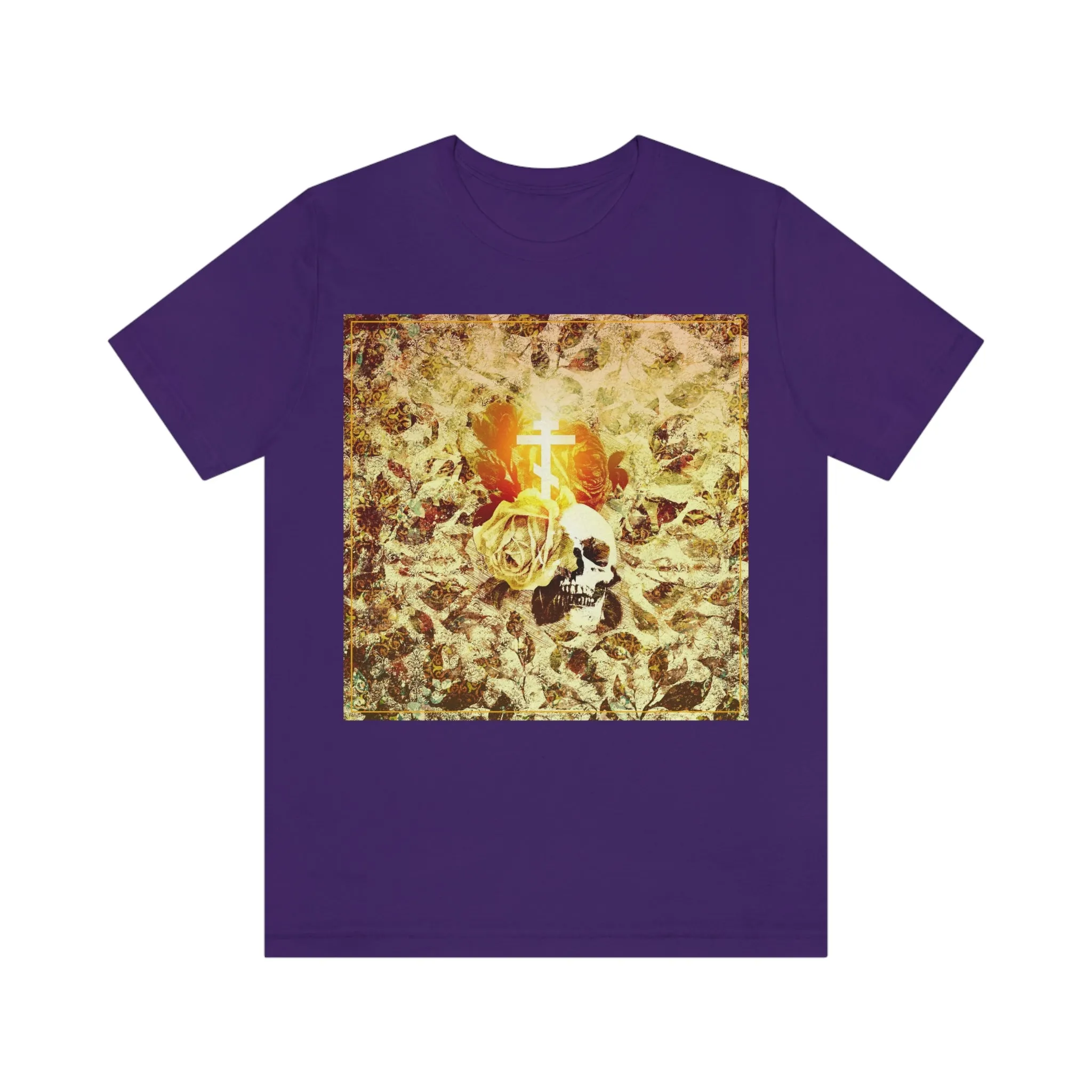 Golden Glowing Cross, Rose & Skull with Floral Texture | Gothic Style Art | Orthodox Christian T-Shirt