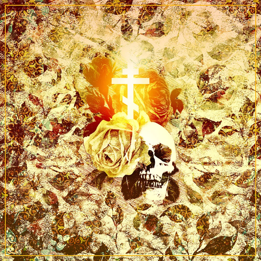 Golden Glowing Cross, Rose & Skull with Floral Texture | Gothic Style Art | Orthodox Christian T-Shirt