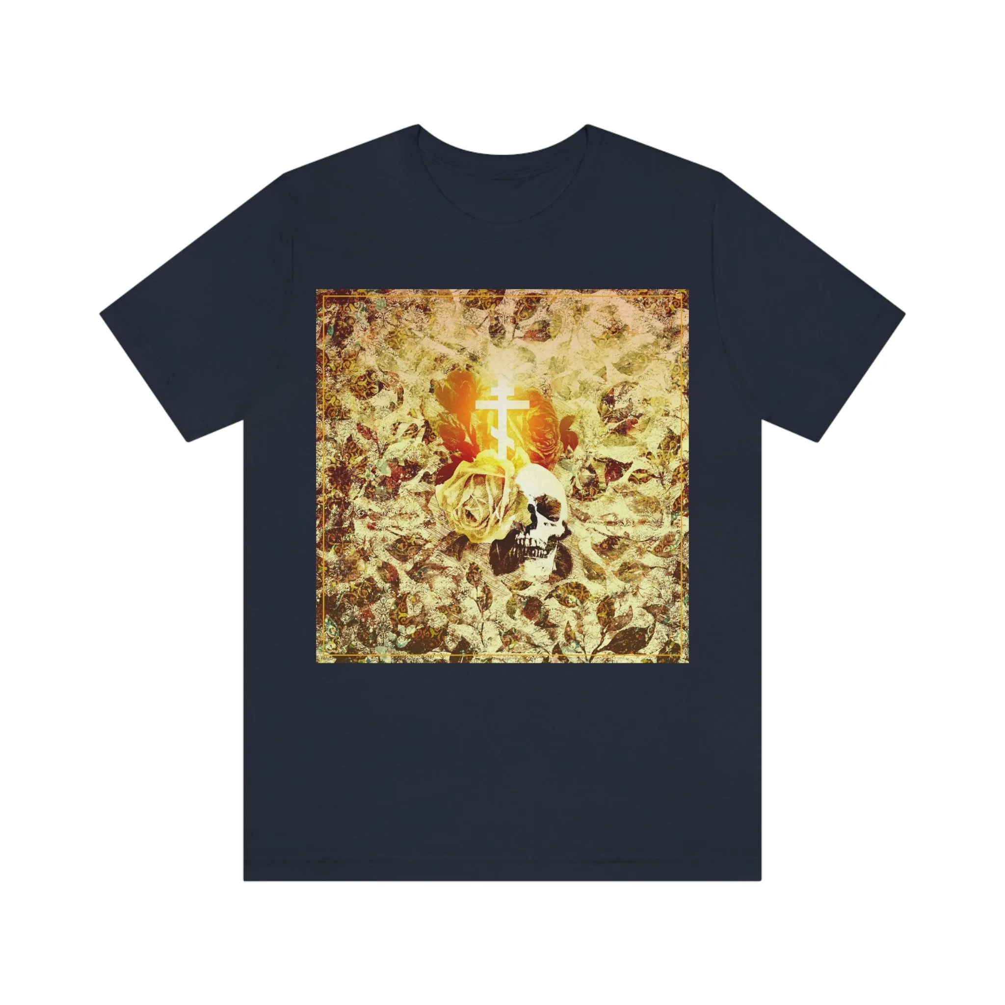 Golden Glowing Cross, Rose & Skull with Floral Texture | Gothic Style Art | Orthodox Christian T-Shirt