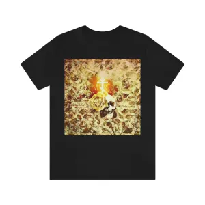 Golden Glowing Cross, Rose & Skull with Floral Texture | Gothic Style Art | Orthodox Christian T-Shirt