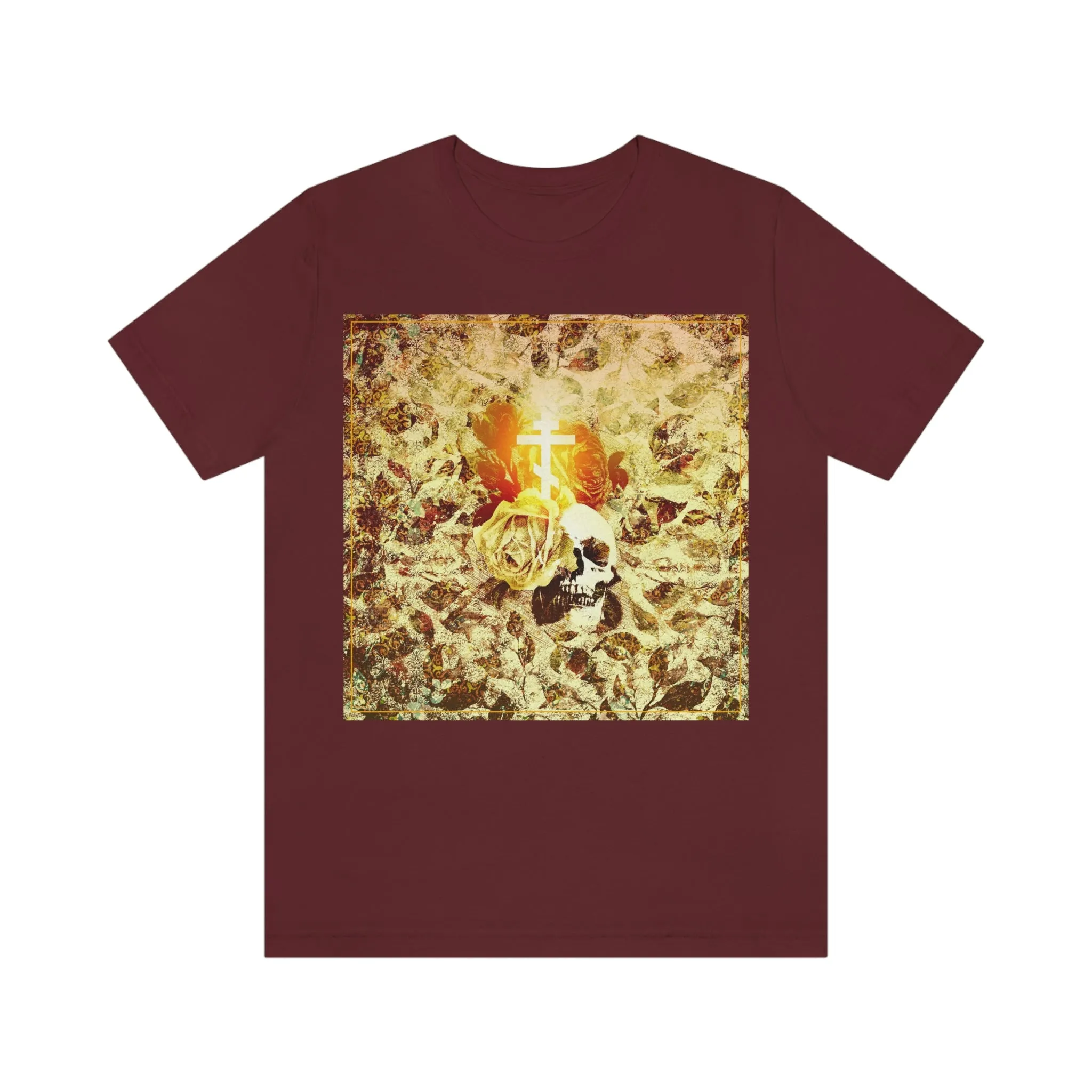 Golden Glowing Cross, Rose & Skull with Floral Texture | Gothic Style Art | Orthodox Christian T-Shirt