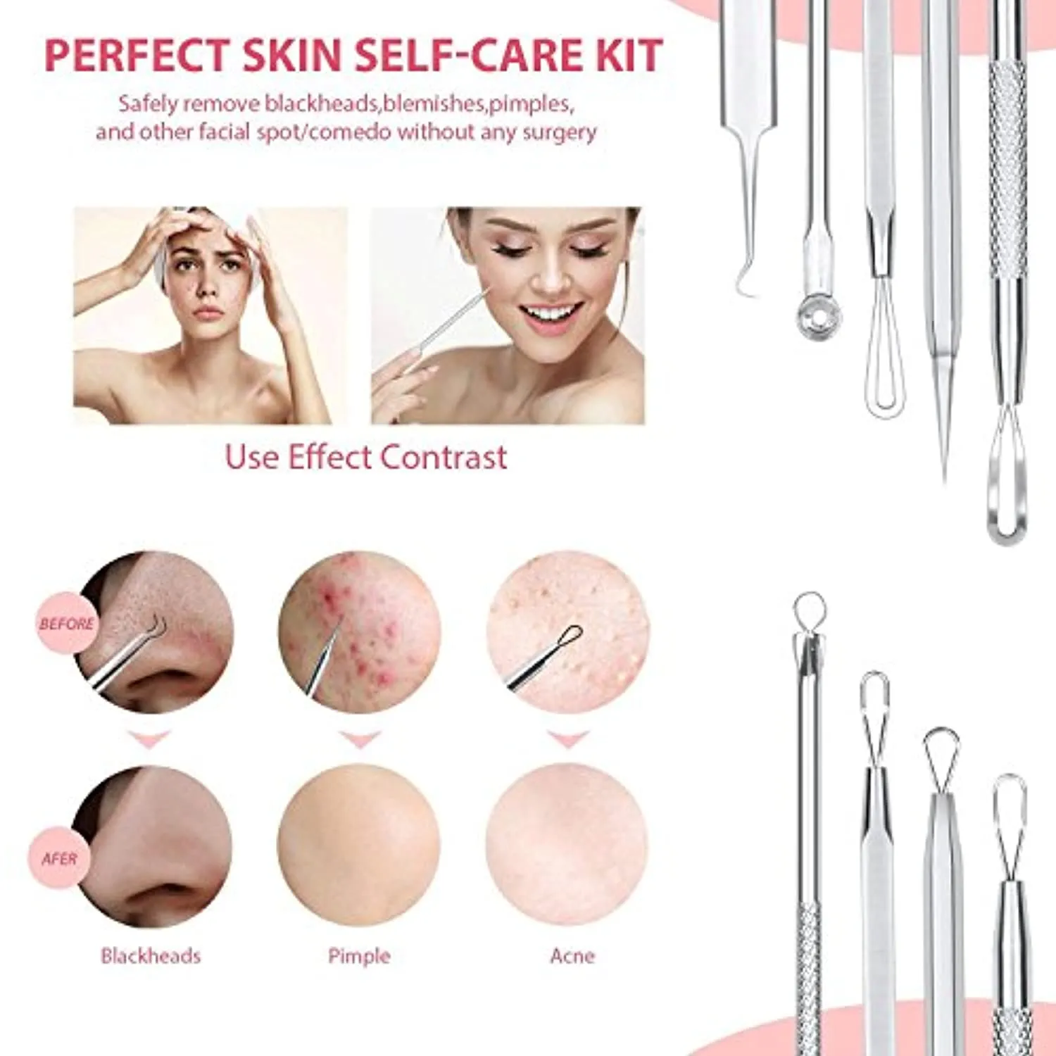 JPNK 6 PCS Blackhead Remover Comedones Extractor Acne Removal Kit for Blemish, Whitehead Popping, Zit Removing for Nose Face Tools with a Leather bag(Silver)