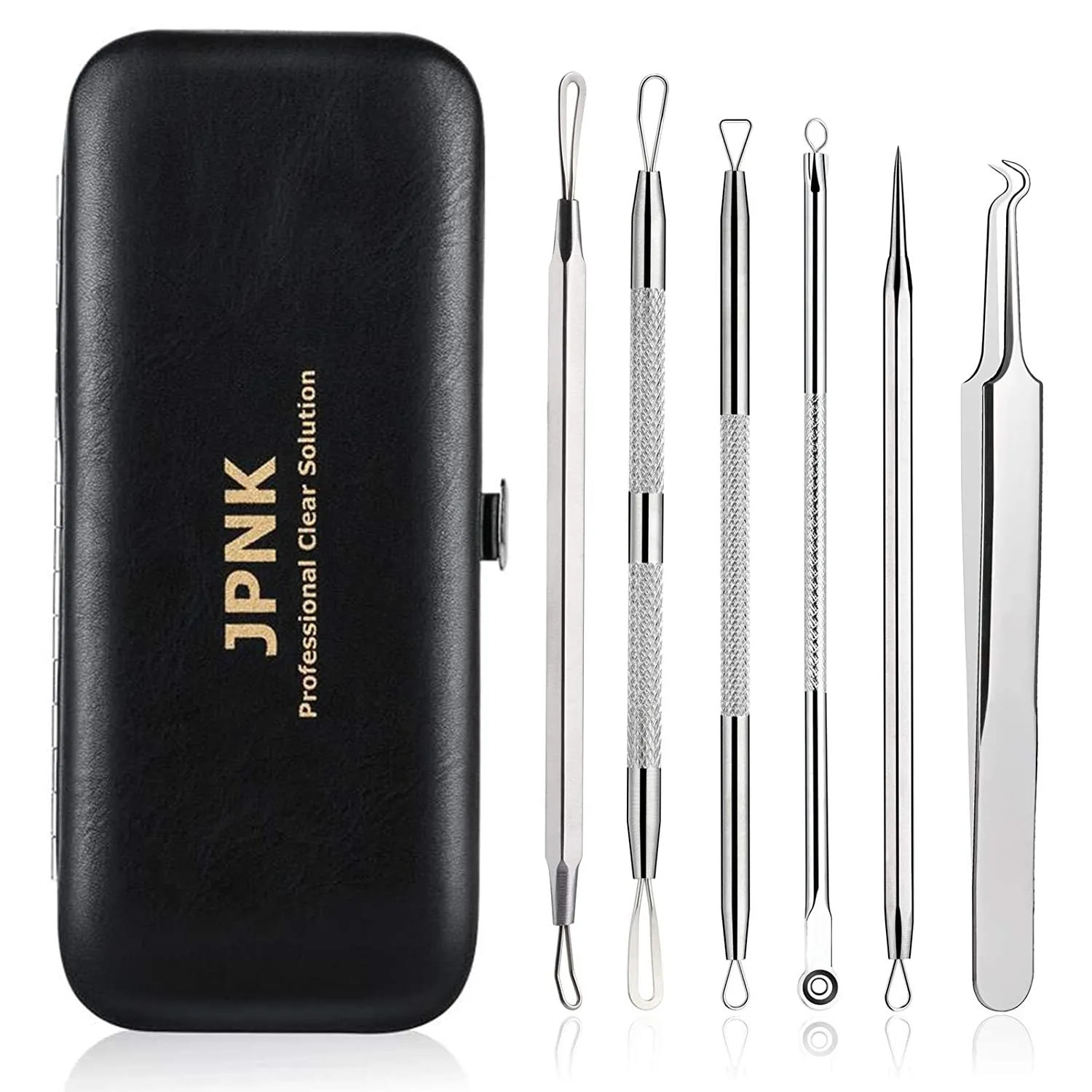 JPNK 6 PCS Blackhead Remover Comedones Extractor Acne Removal Kit for Blemish, Whitehead Popping, Zit Removing for Nose Face Tools with a Leather bag(Silver)