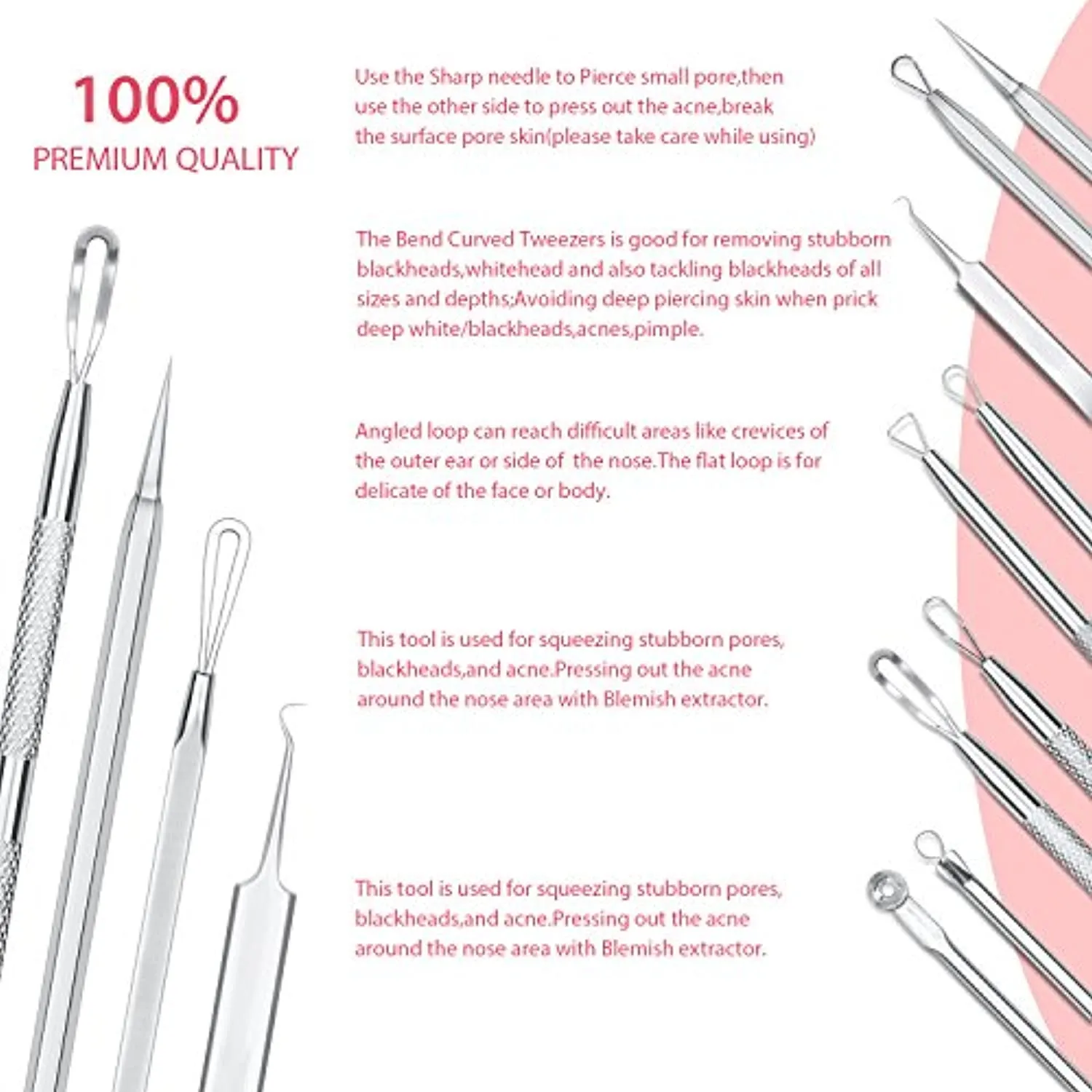 JPNK 6 PCS Blackhead Remover Comedones Extractor Acne Removal Kit for Blemish, Whitehead Popping, Zit Removing for Nose Face Tools with a Leather bag(Silver)