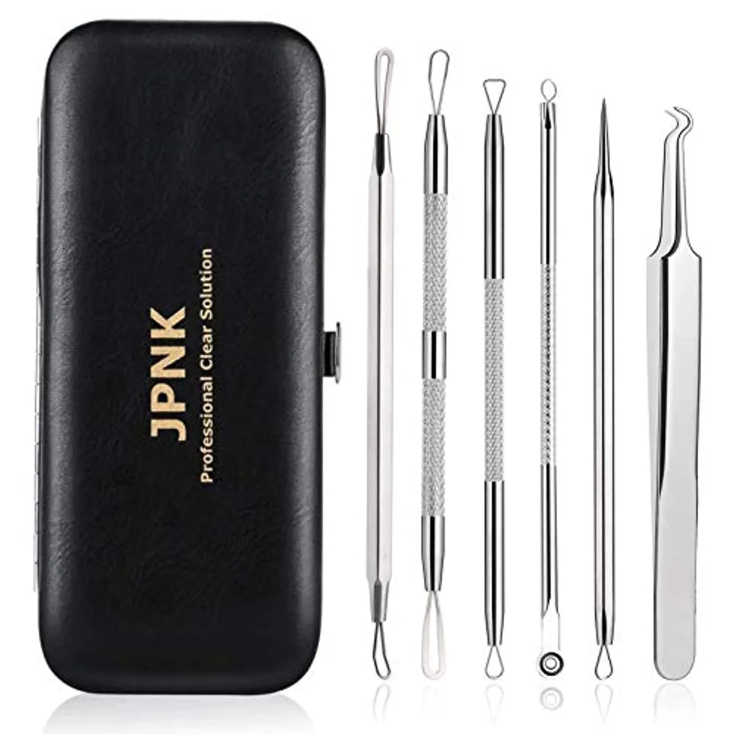 JPNK 6 PCS Blackhead Remover Comedones Extractor Acne Removal Kit for Blemish, Whitehead Popping, Zit Removing for Nose Face Tools with a Leather bag(Silver)
