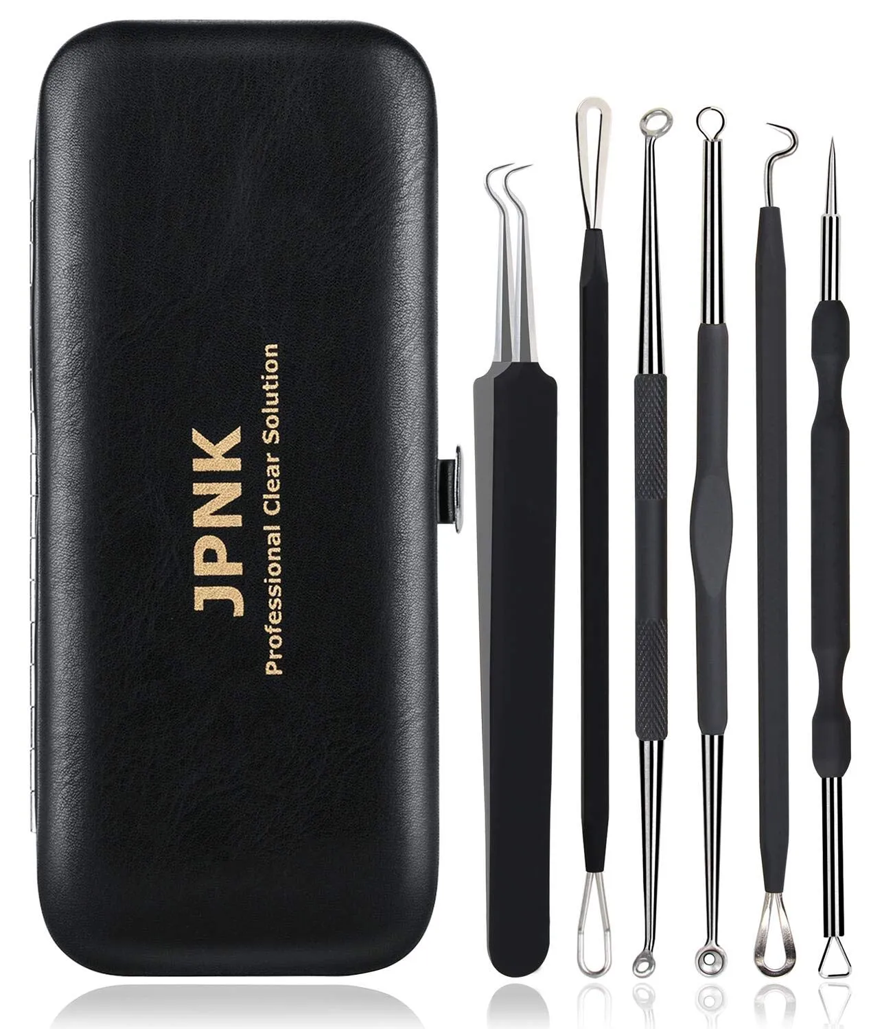 JPNK 6 PCS Blackhead Remover Comedones Extractor Acne Removal Kit for Blemish, Whitehead Popping, Zit Removing for Nose Face Tools with a Leather bag(Silver)