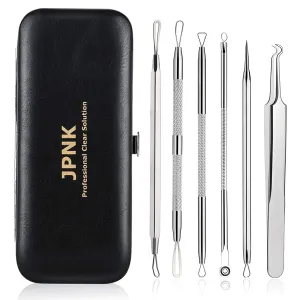 JPNK 6 PCS Blackhead Remover Comedones Extractor Acne Removal Kit for Blemish, Whitehead Popping, Zit Removing for Nose Face Tools with a Leather bag(Silver)