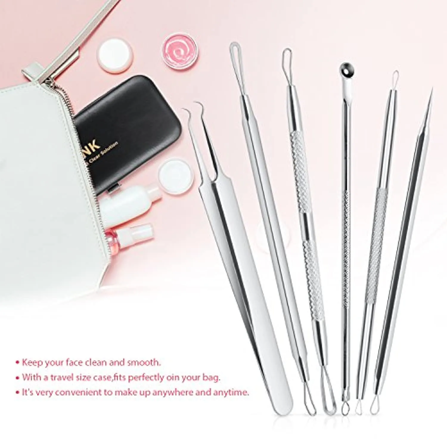 JPNK 6 PCS Blackhead Remover Comedones Extractor Acne Removal Kit for Blemish, Whitehead Popping, Zit Removing for Nose Face Tools with a Leather bag(Silver)
