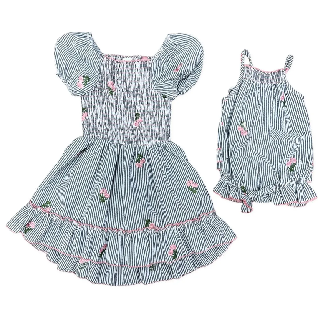 Little Mass Black & White w/Embroidered Flowers Smocked Bubble