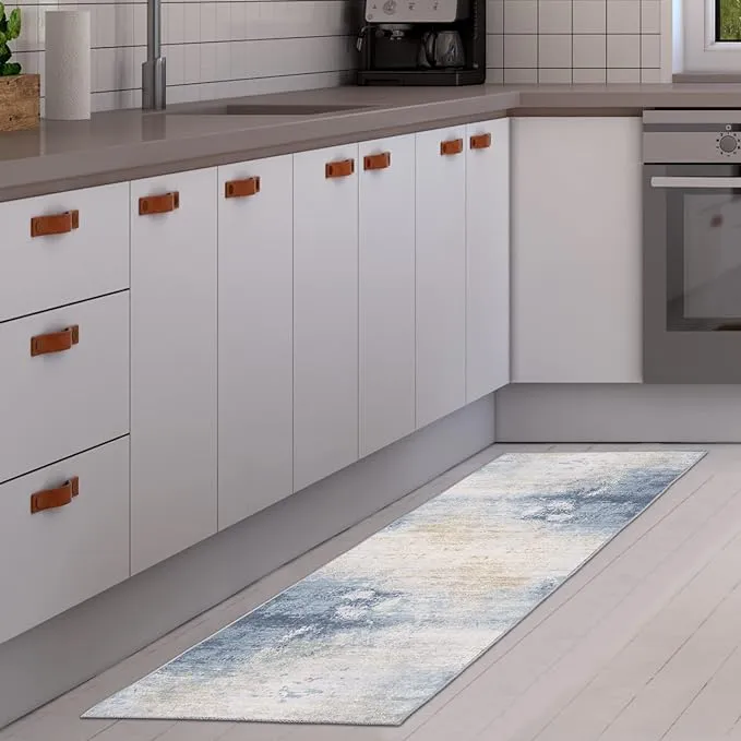 New Bohemian Style Digital Printing Area Rug with Non Slip Grip PVC Backside Anti Skid Area Rug for Kitchen Living Room Bed, Blues Sz 2 Ft X 10 Ft