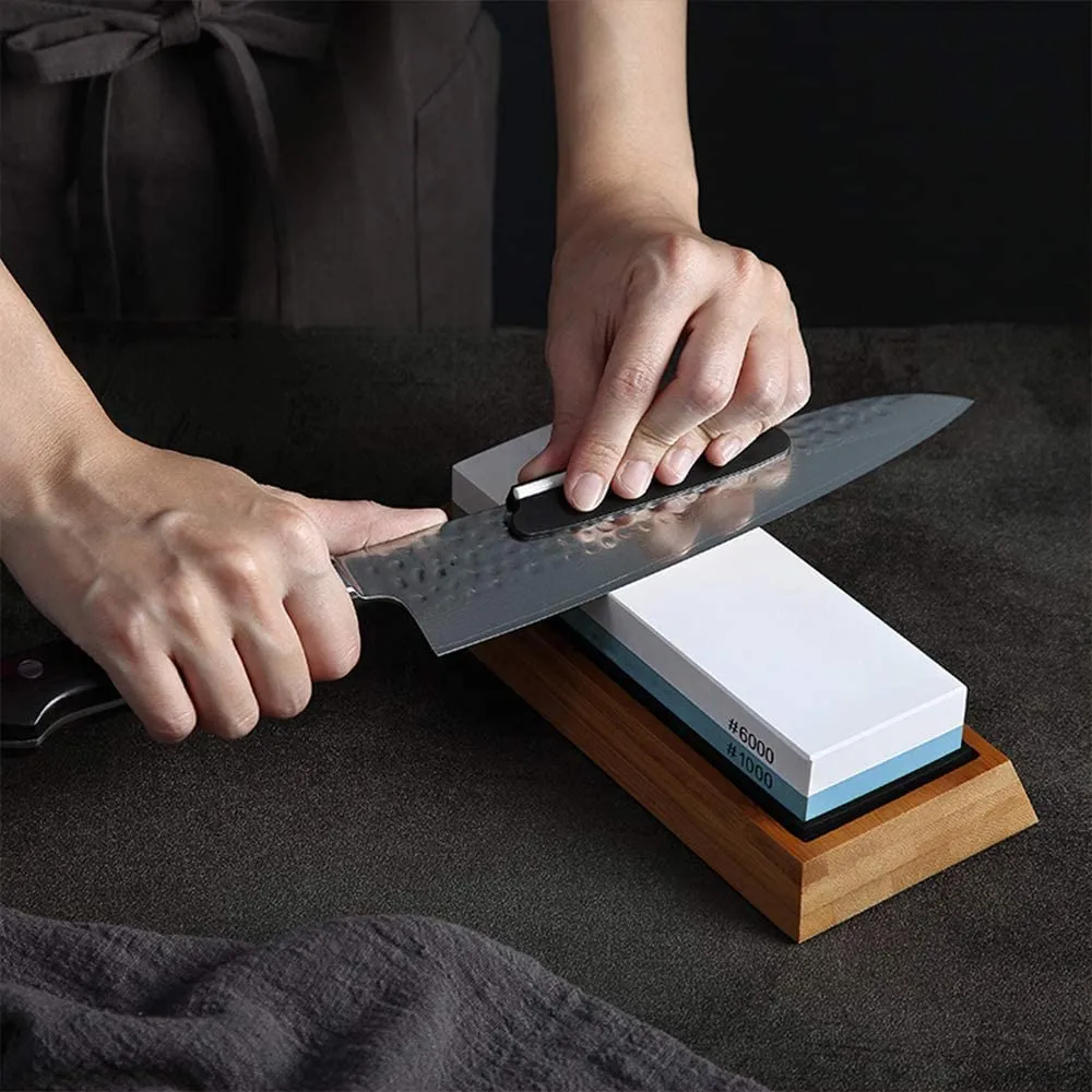 New Whetstone Knife Sharpening Stone Set, 2-Sided Whetstone Sharpener 1000/6000 Grit Whetstone Kit for Chef Knife, Kitchen Knife with Non-Slip Bamboo and Silicon Base Angle Guide, Flattening Stone