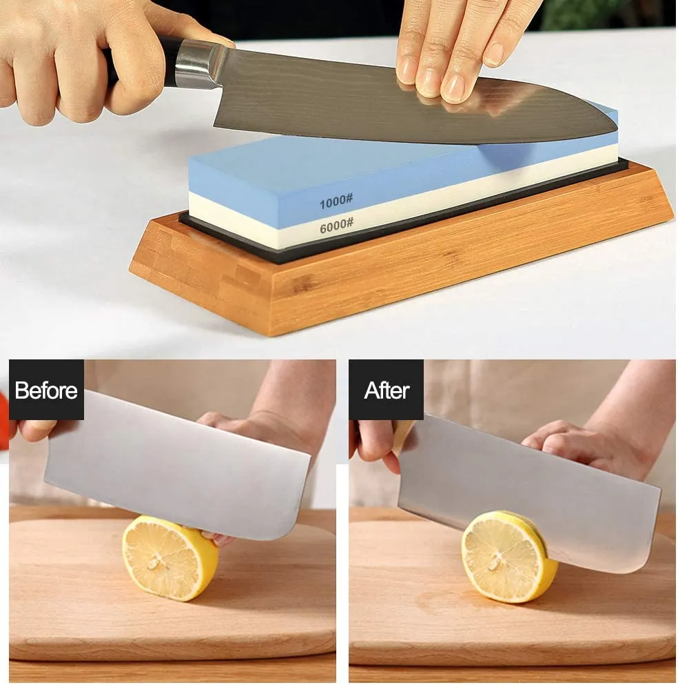 New Whetstone Knife Sharpening Stone Set, 2-Sided Whetstone Sharpener 1000/6000 Grit Whetstone Kit for Chef Knife, Kitchen Knife with Non-Slip Bamboo and Silicon Base Angle Guide, Flattening Stone