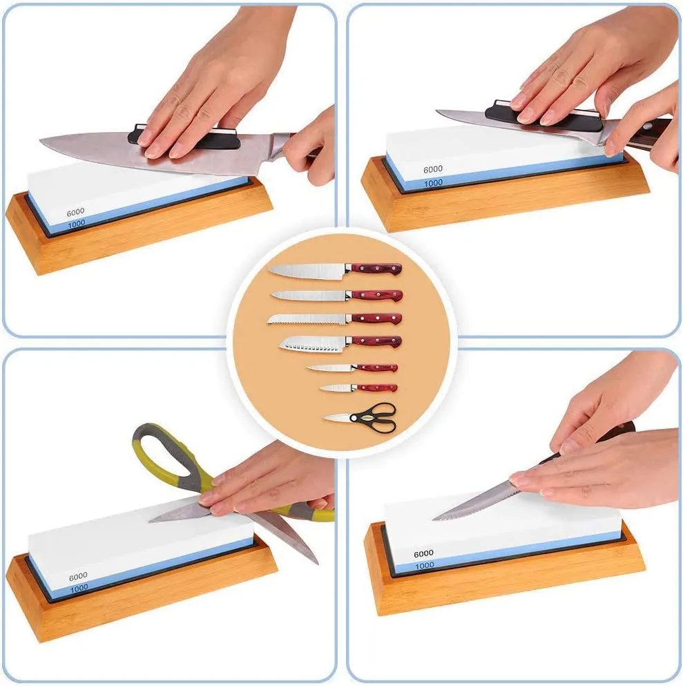 New Whetstone Knife Sharpening Stone Set, 2-Sided Whetstone Sharpener 1000/6000 Grit Whetstone Kit for Chef Knife, Kitchen Knife with Non-Slip Bamboo and Silicon Base Angle Guide, Flattening Stone