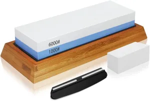 New Whetstone Knife Sharpening Stone Set, 2-Sided Whetstone Sharpener 1000/6000 Grit Whetstone Kit for Chef Knife, Kitchen Knife with Non-Slip Bamboo and Silicon Base Angle Guide, Flattening Stone