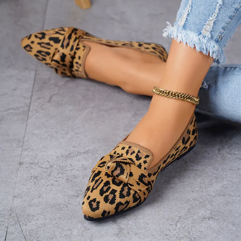 Plus Size Flyknit Flat Low-cut Shoes Female Pointed-toe Bowknot Boat Shoes