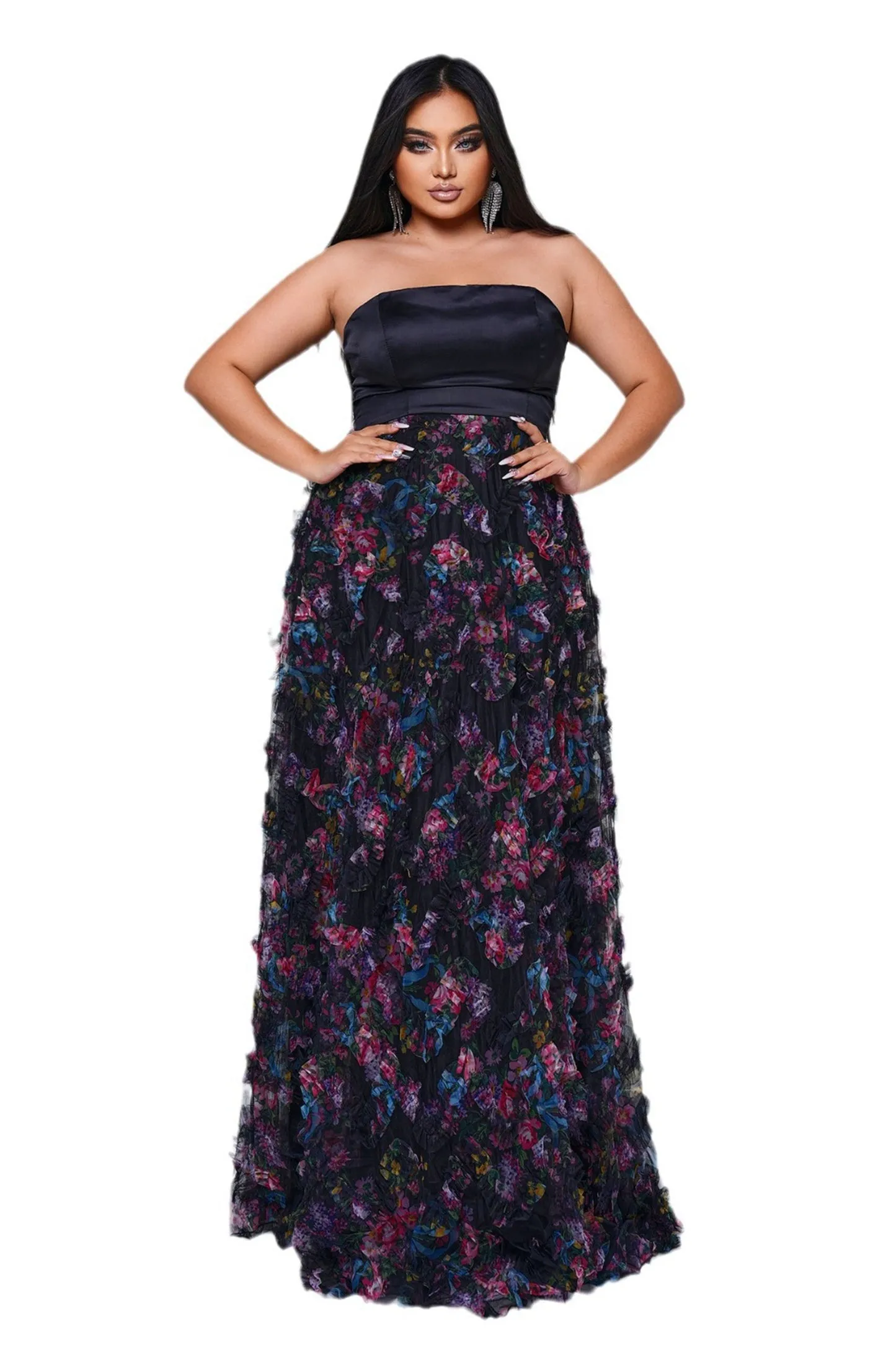 Plus Strapless Sleeveless Floral Tulle Dress