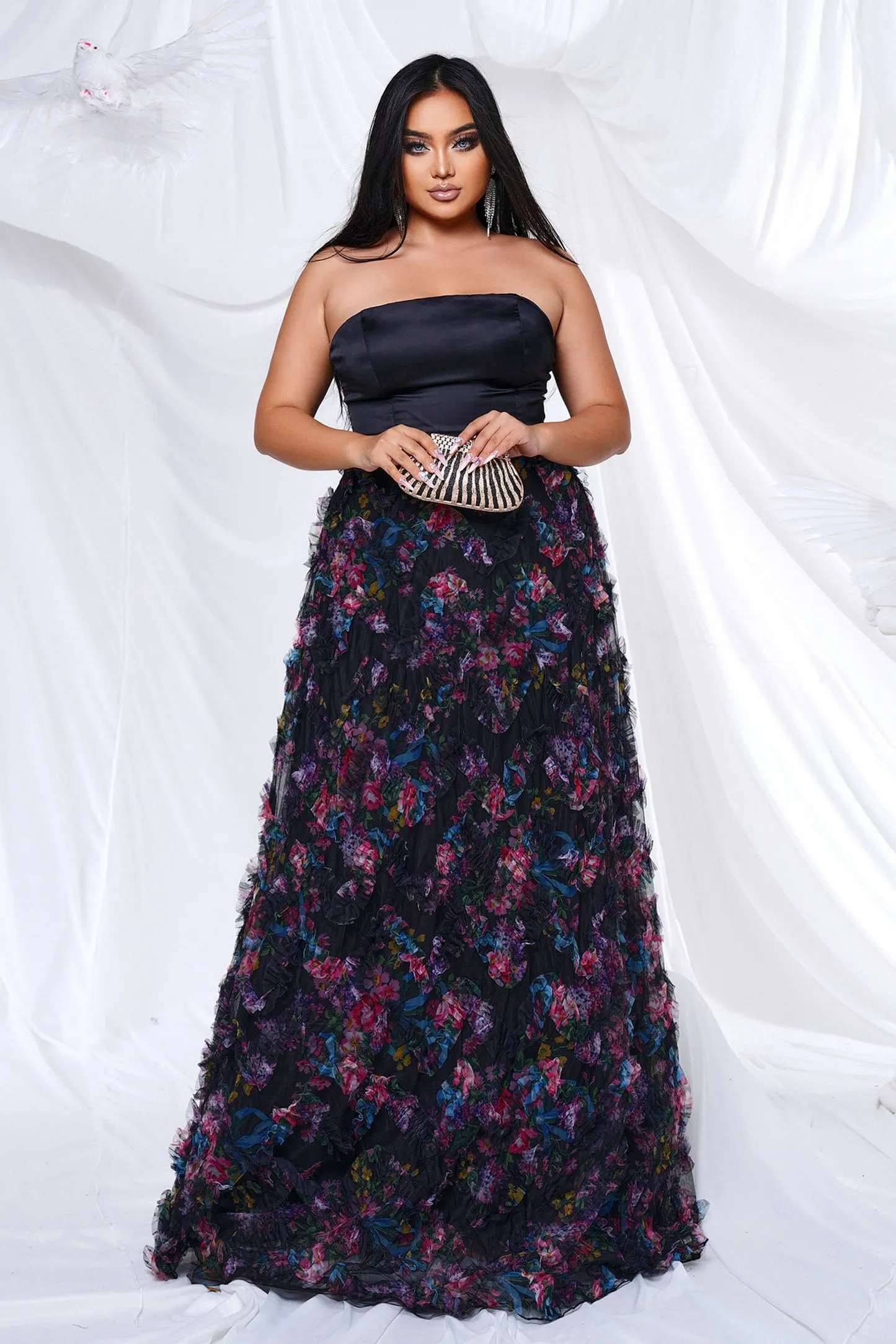 Plus Strapless Sleeveless Floral Tulle Dress