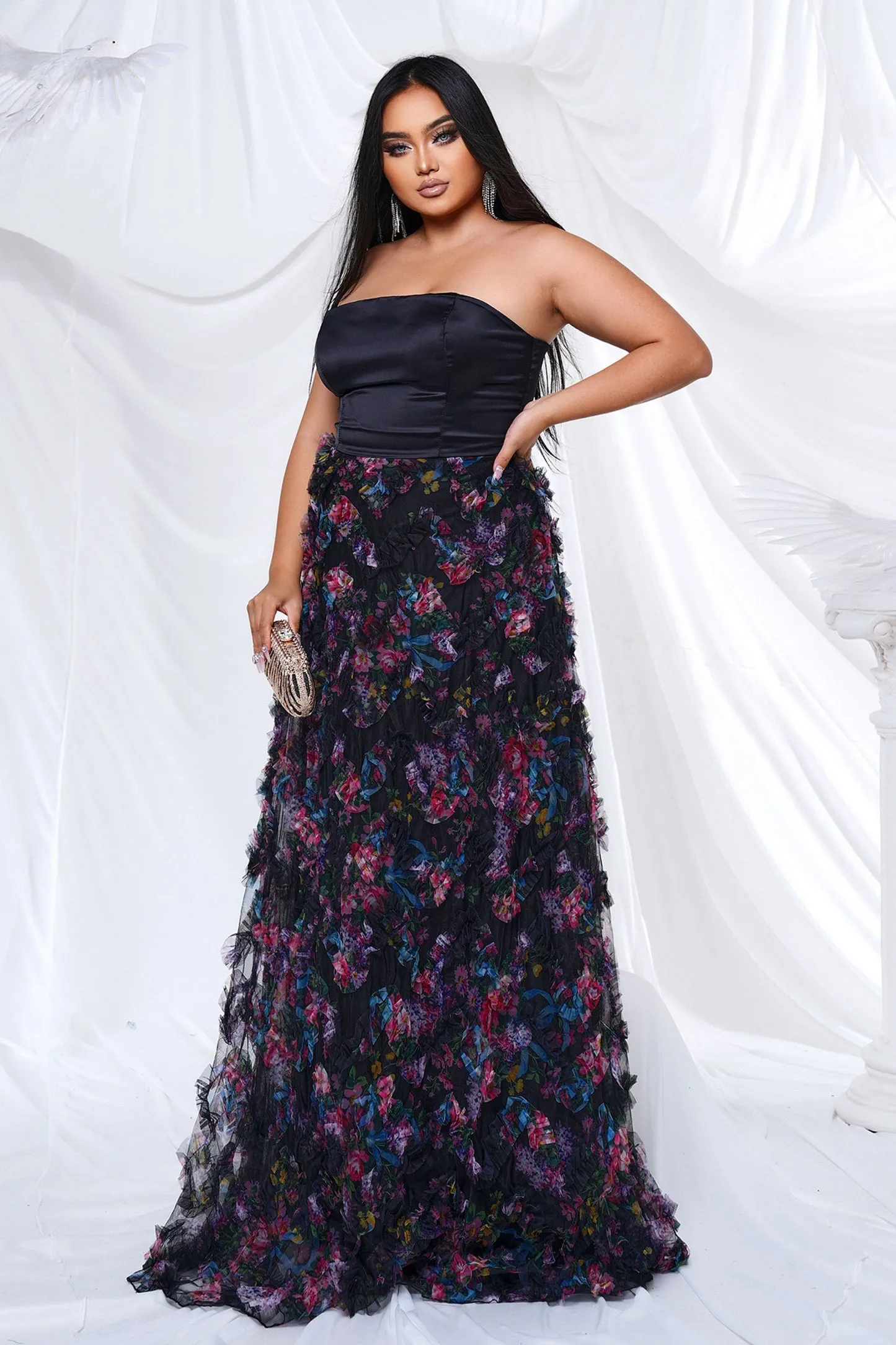 Plus Strapless Sleeveless Floral Tulle Dress