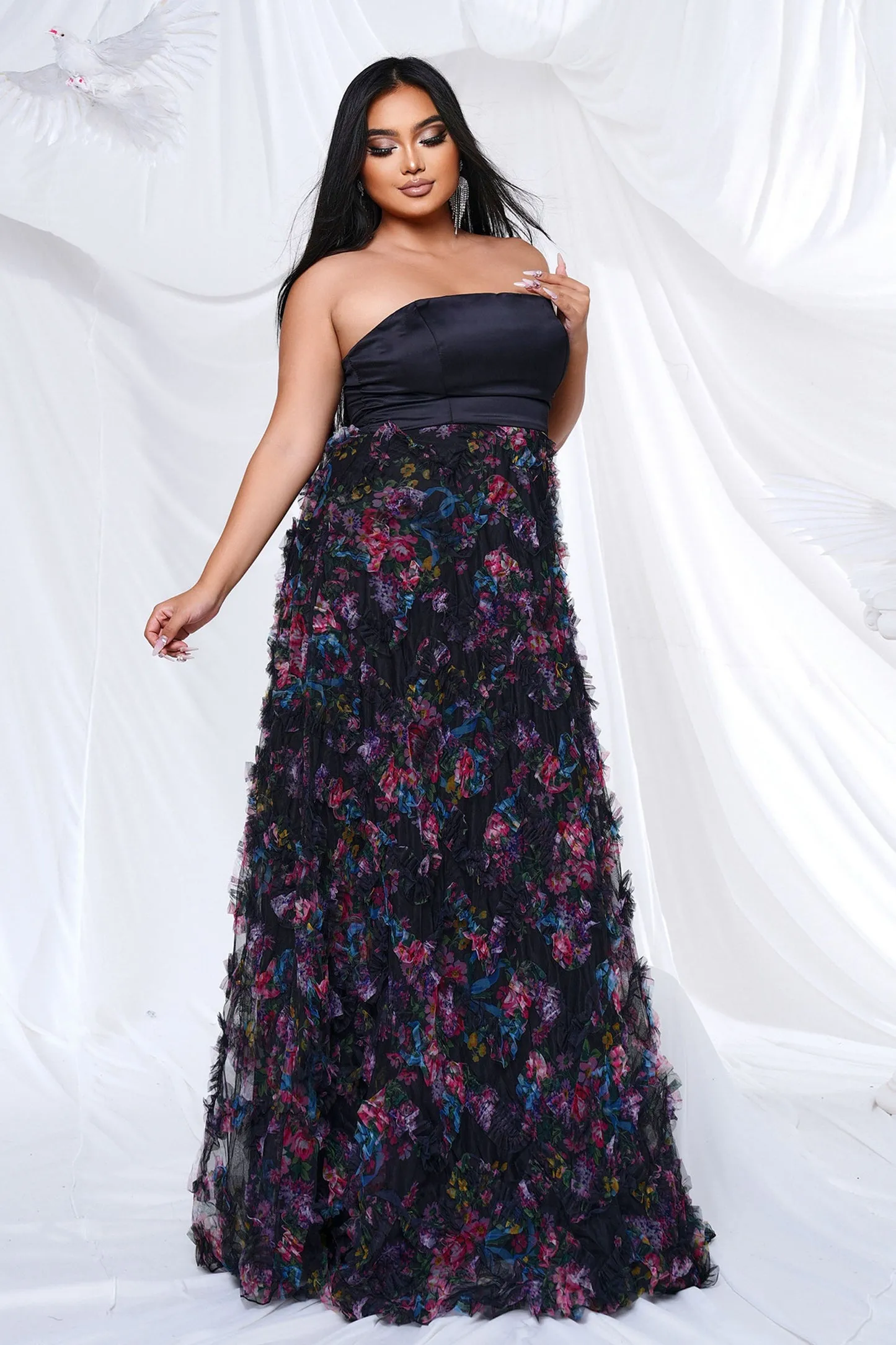 Plus Strapless Sleeveless Floral Tulle Dress