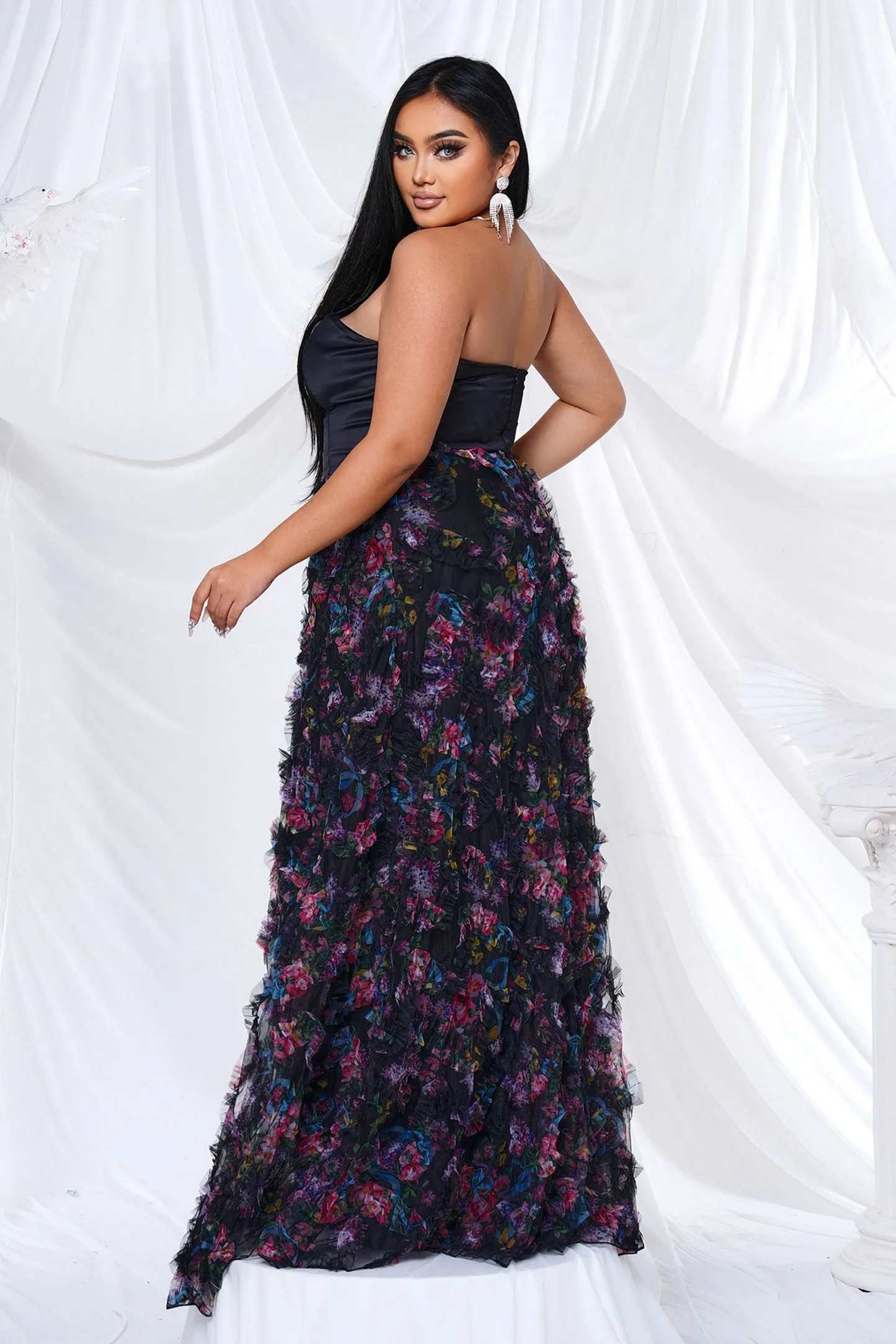 Plus Strapless Sleeveless Floral Tulle Dress