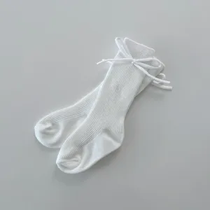Ribbed Knee Socks with Bow, Ivory