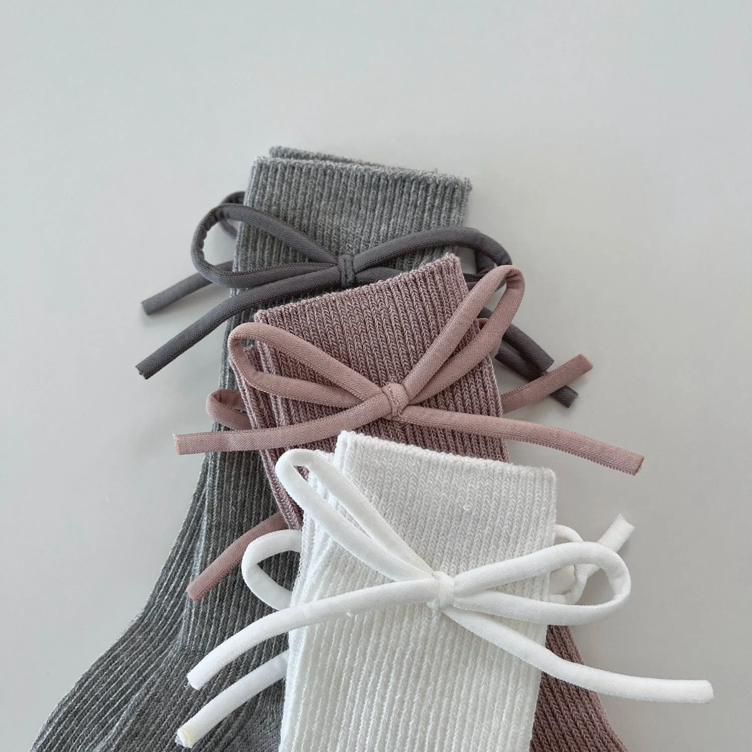 Ribbed Knee Socks with Bow, Ivory