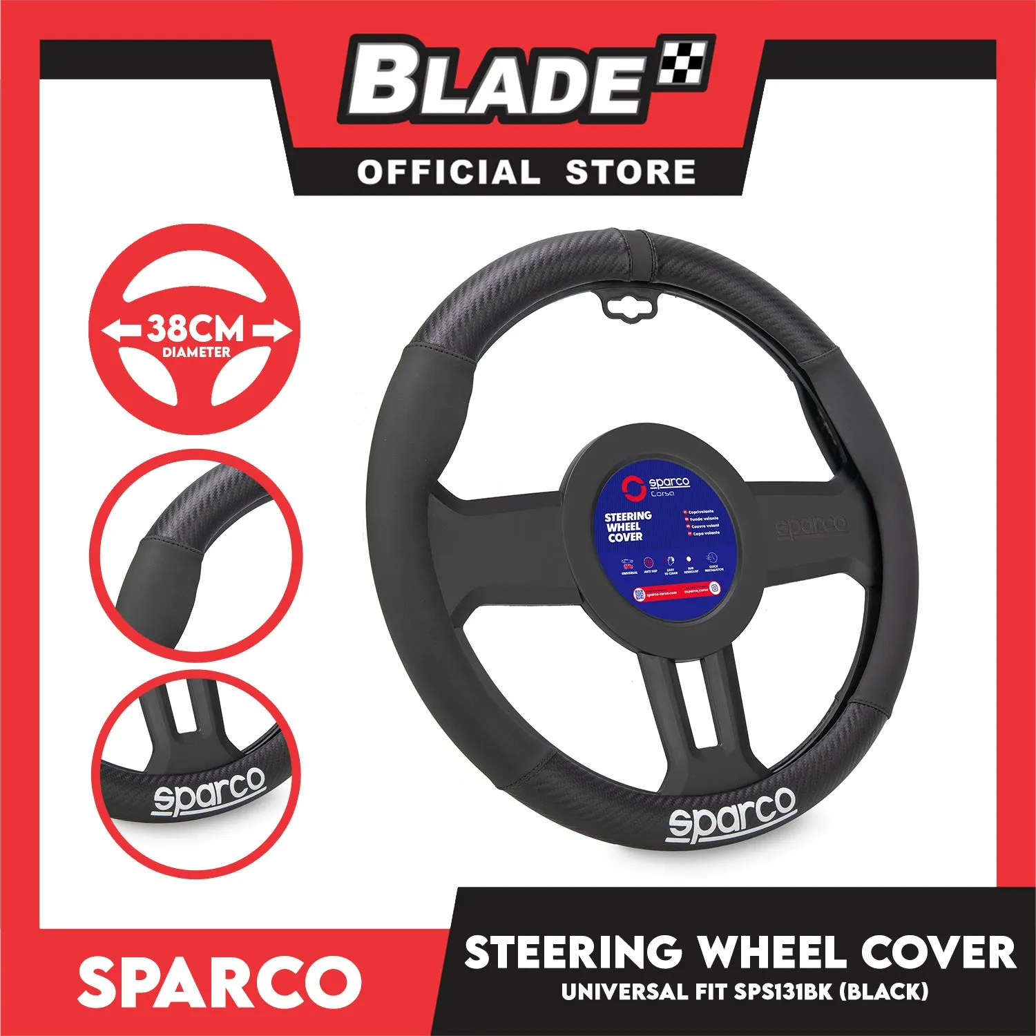 Sparco Corsa Steering Wheel Cover SPS131BK (Black) Universal Fit for Toyota, Mitsubishi, Honda, Hyundai, Ford, Nissan, Suzuki, Isuzu, Kia, MG and more