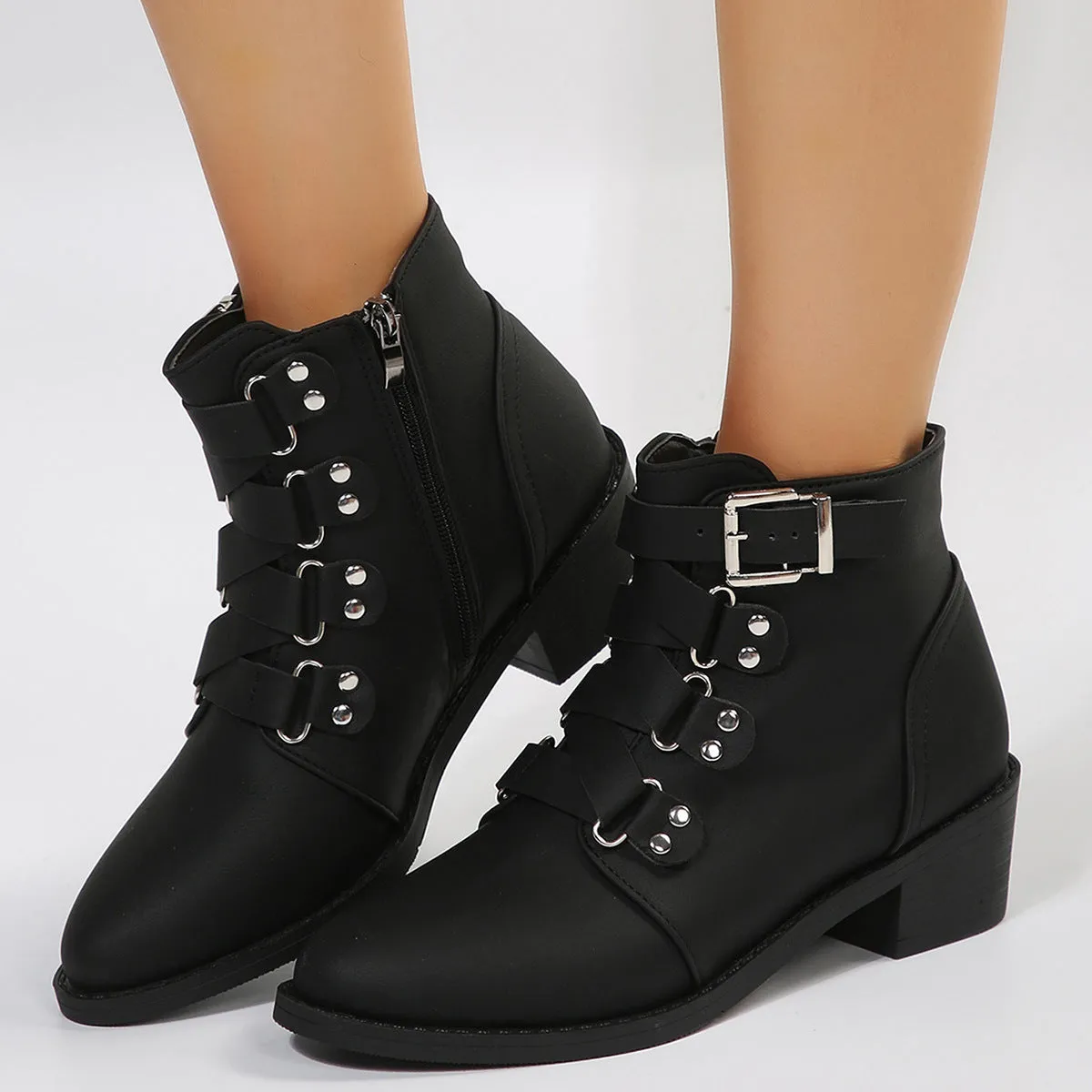 Stylish Women's Ankle Boots with Side Zipper - Chunky Heel, Warm PU Leather