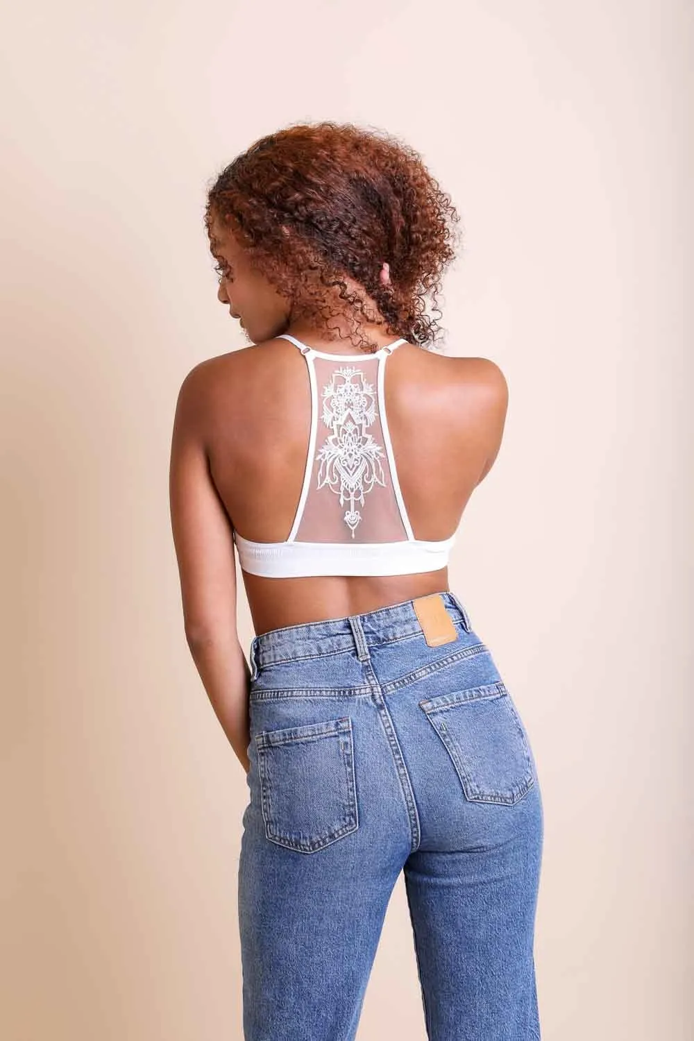 Tattoo Back Bralette – Embroidered Mesh Racerback Style