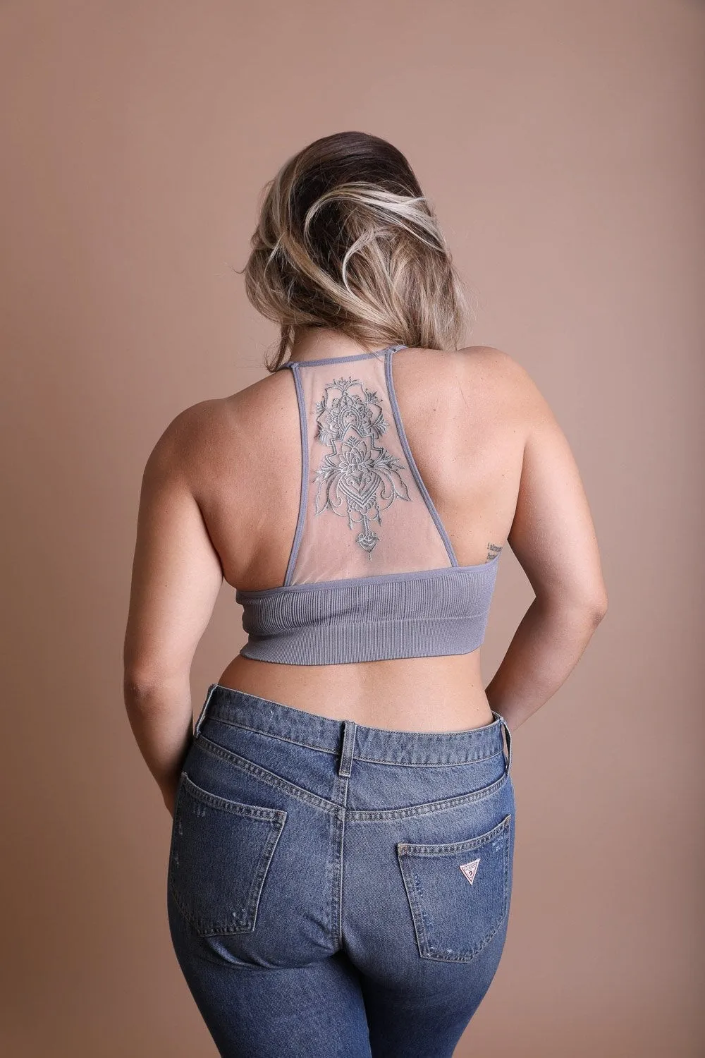 Tattoo Back Bralette – Embroidered Mesh Racerback Style