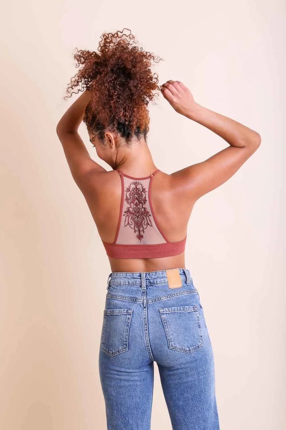 Tattoo Back Bralette – Embroidered Mesh Racerback Style