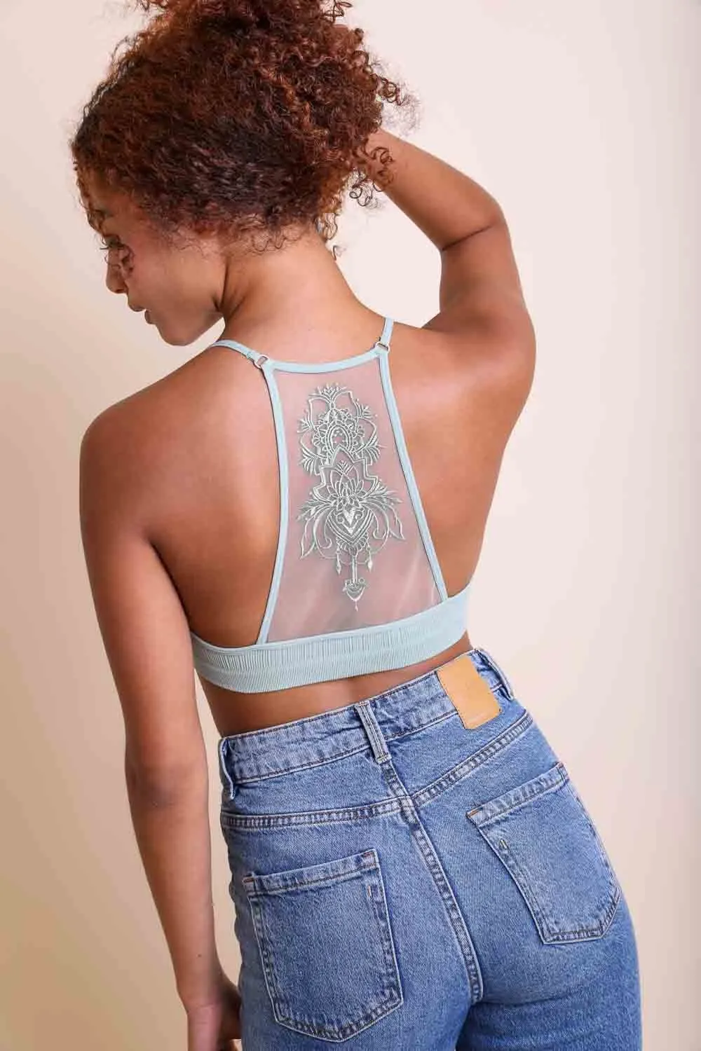 Tattoo Back Bralette – Embroidered Mesh Racerback Style