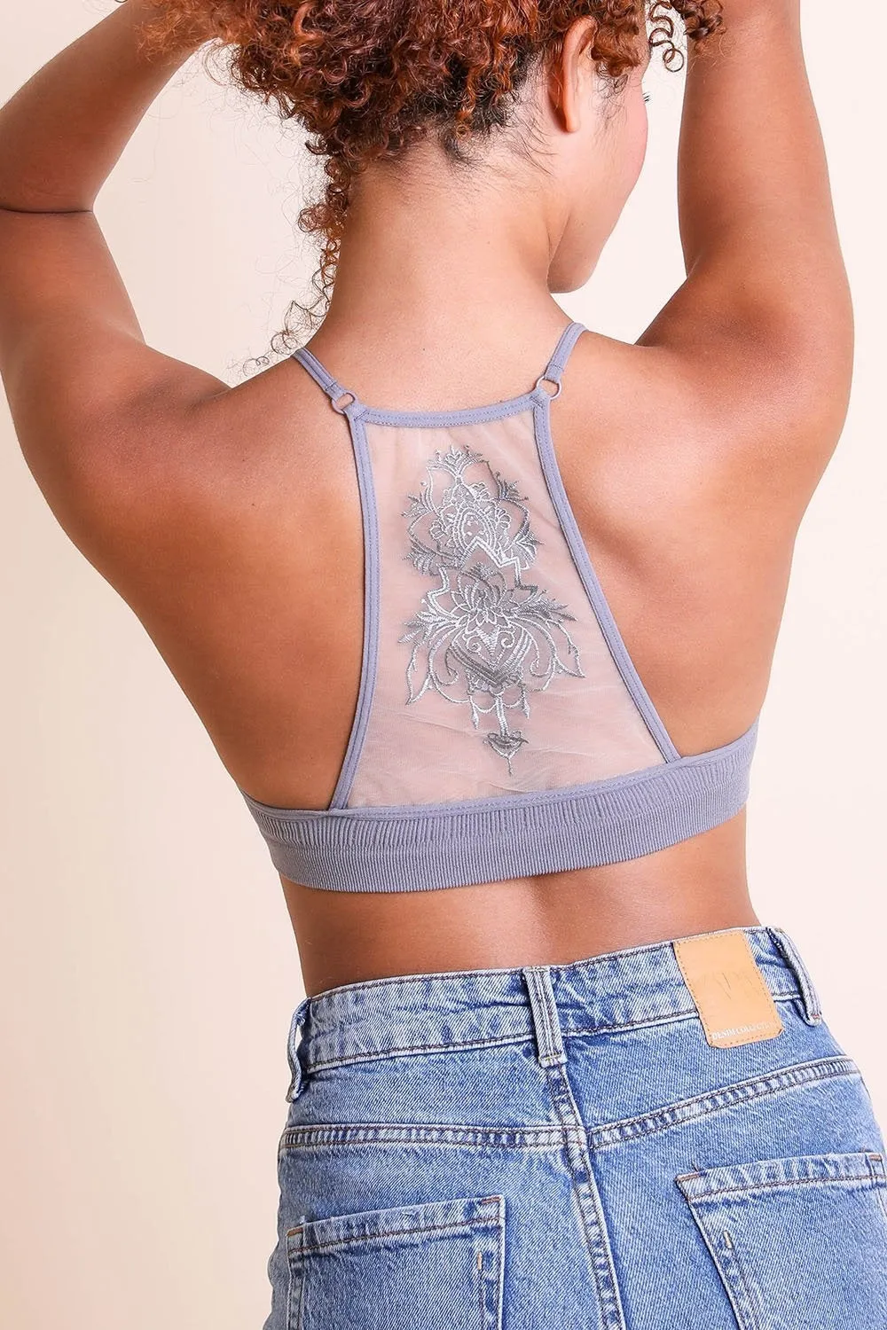 Tattoo Back Bralette – Embroidered Mesh Racerback Style