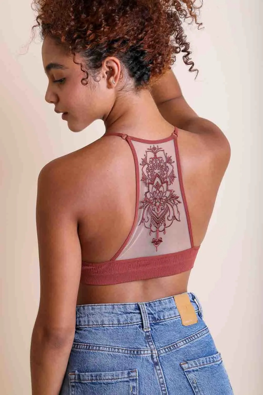 Tattoo Back Bralette – Embroidered Mesh Racerback Style
