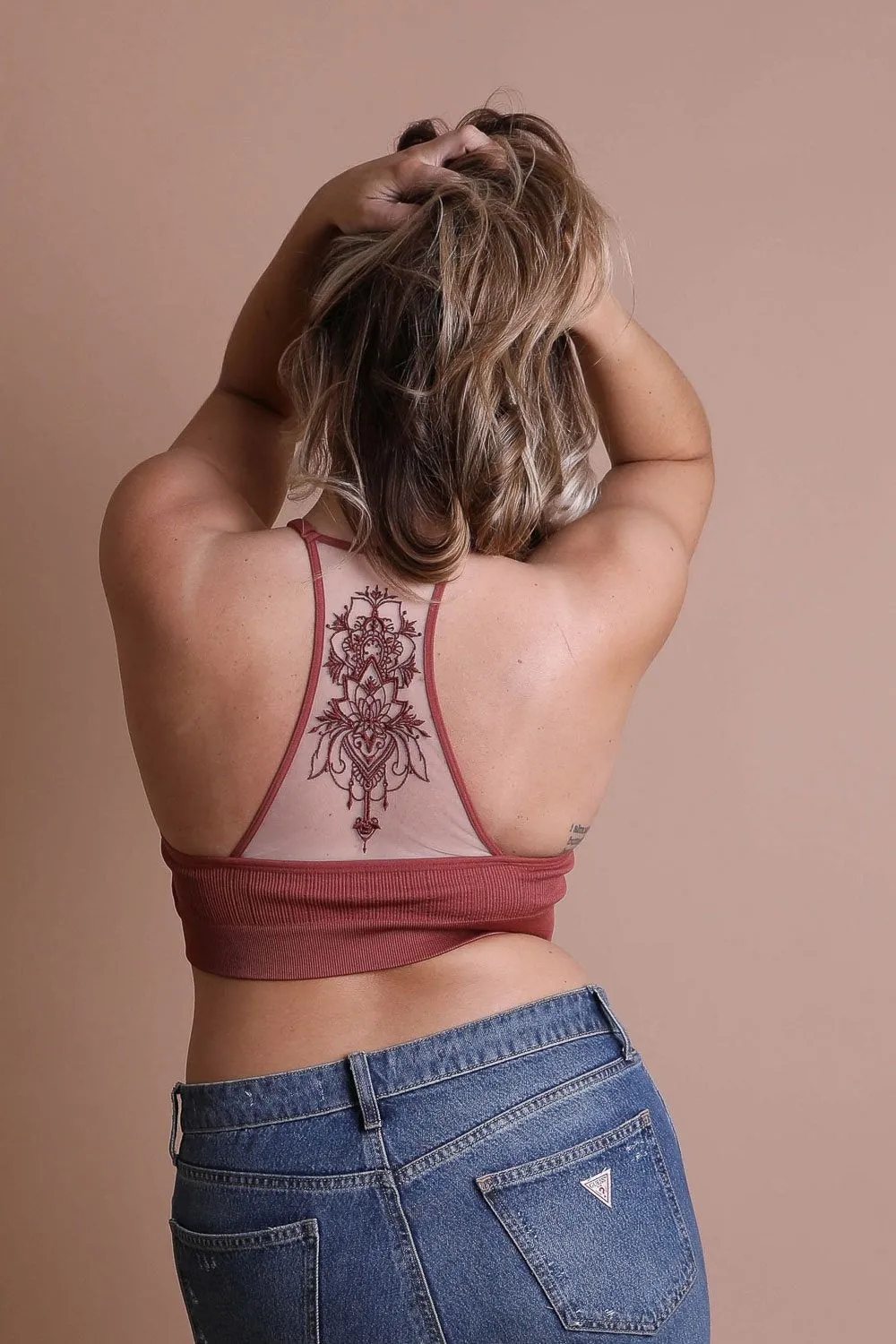 Tattoo Back Bralette – Embroidered Mesh Racerback Style